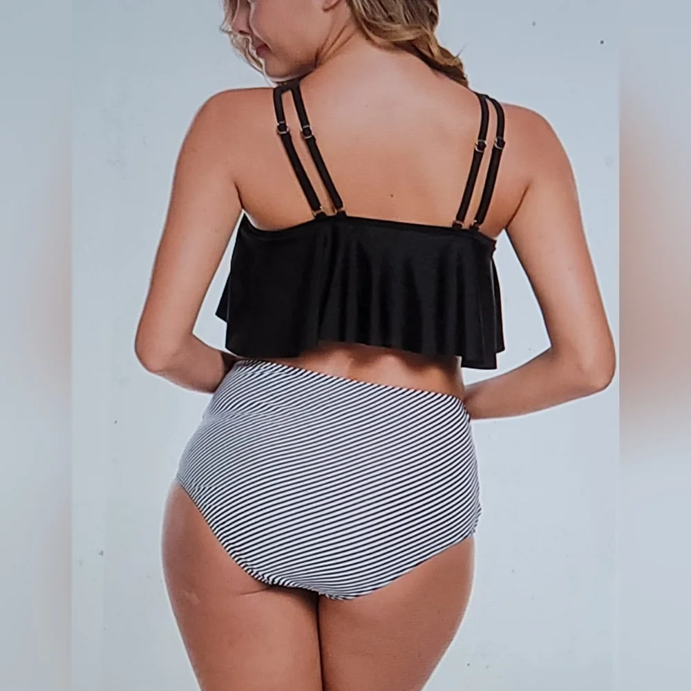 NWT PLUS SIZE FLOUNCE TOP SLIMMING RUCHED STRIPED SWIM SUIT BATHING 3X XXXL